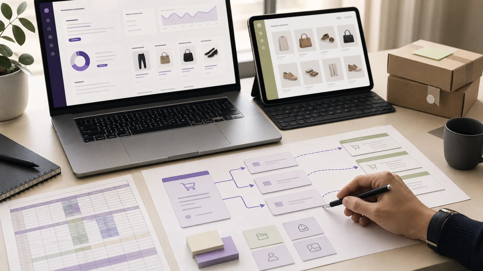 Cartographie de migration e-commerce avec redirections SEO et catalogue produit